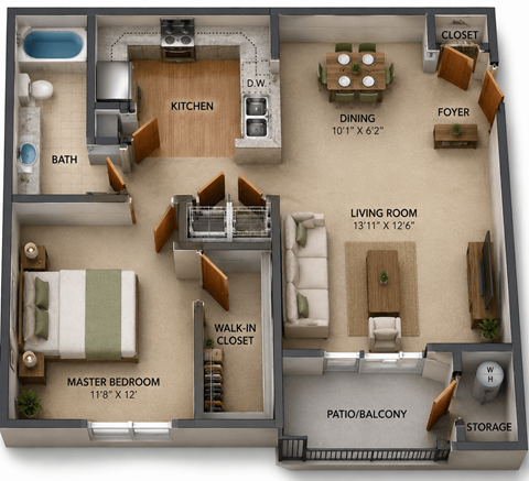 Floor plan for 1 bed, 1 bath, 726 sqft